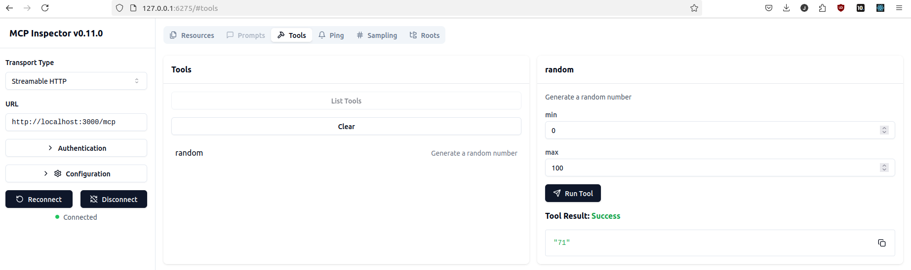Calling my random MCP server from MCP Inspector