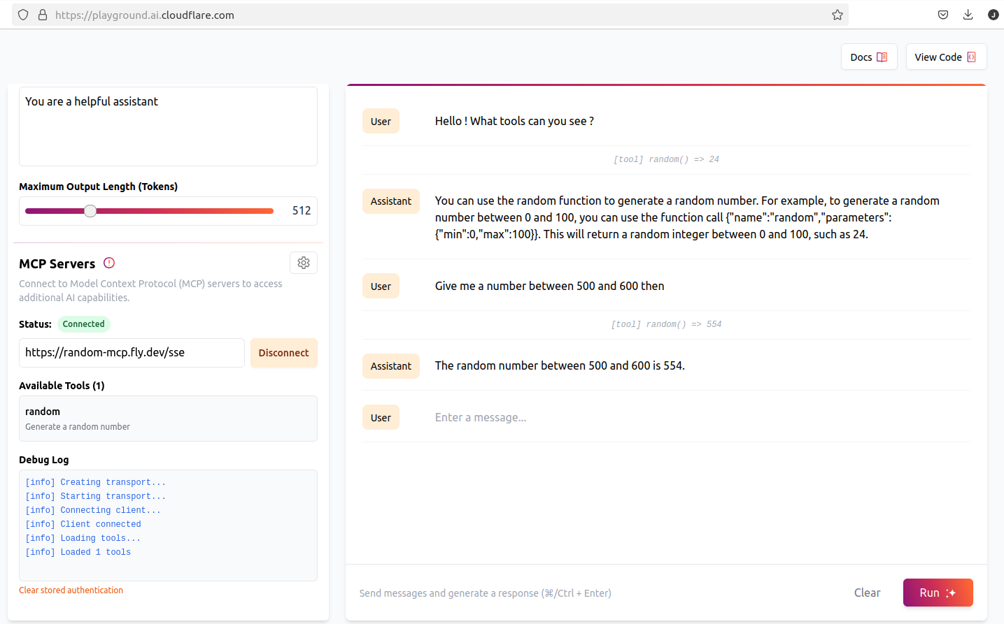 Calling my random MCP server from Cloudflare AI Playground