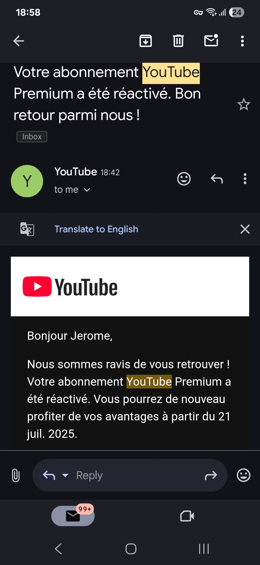 YouTube subscription restart email